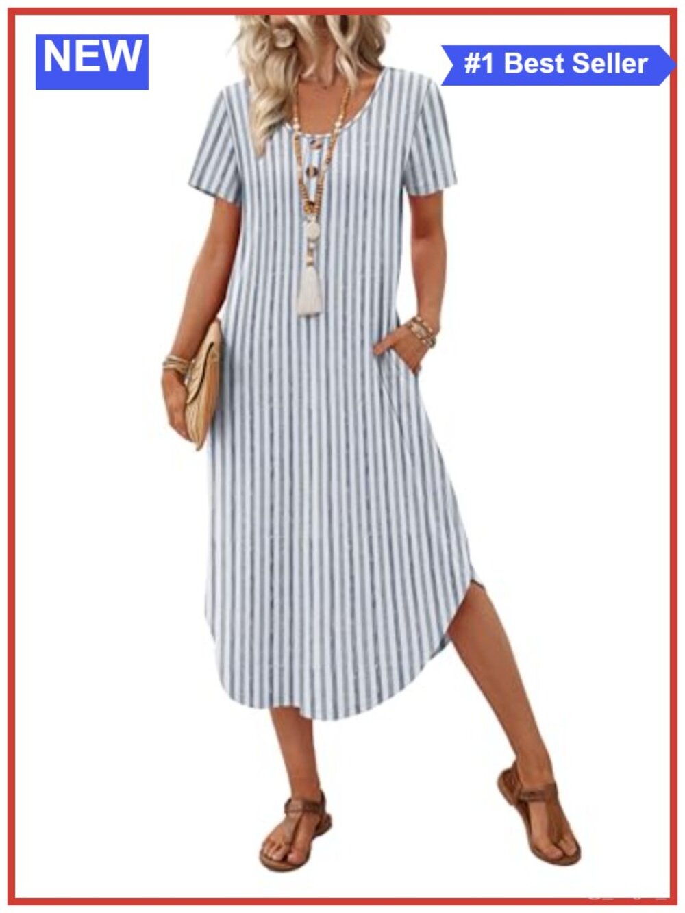 Women's Midi T-Shirt Dress with Pockets Striped Casual Sundress Summer Beach